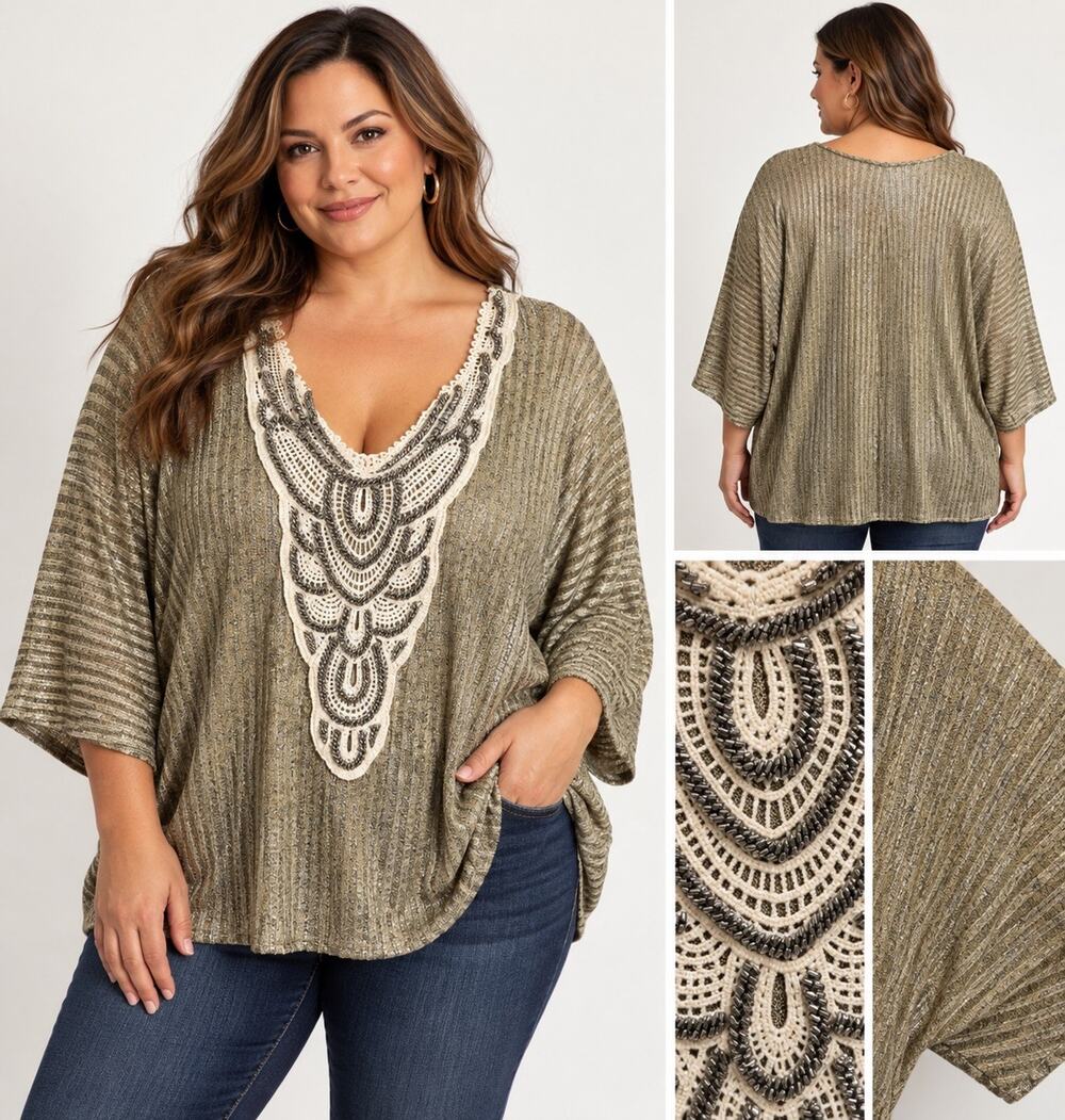 Laurie & Joe Metallic Gold Knit Top Plus Size 3X Boho Beaded Crochet Tunic Boho